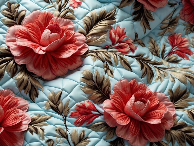 Polyester material with quilted flowers in closeup