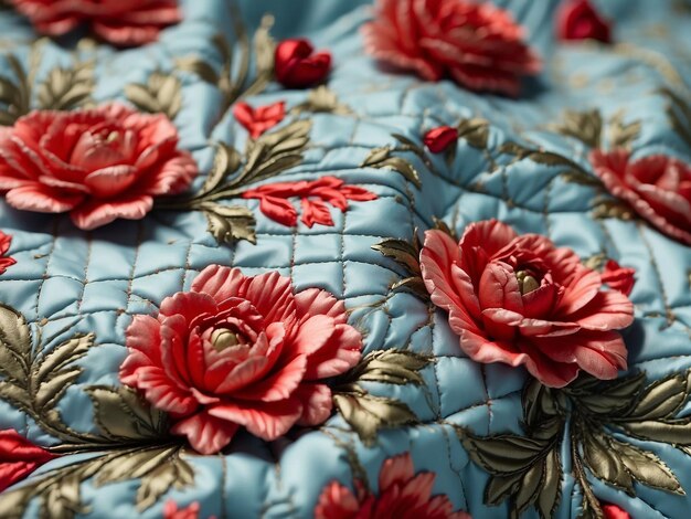 Polyester material with quilted flowers in closeup