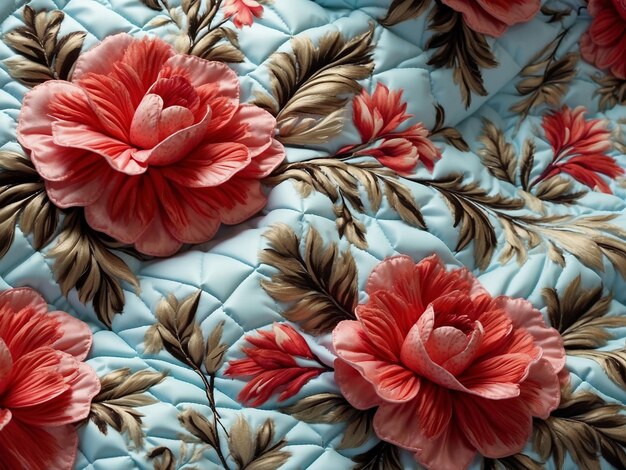 Photo polyester material with quilted flowers in closeup