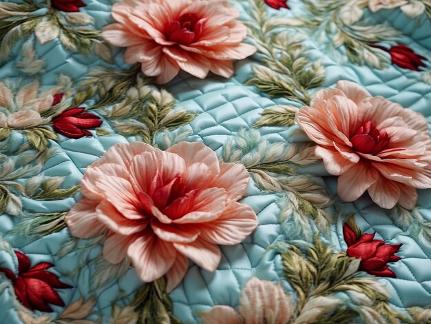 Polyester material with quilted flowers in closeup