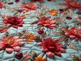 Photo polyester material with quilted flowers in closeup