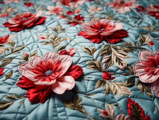 Photo polyester material with quilted flowers in closeup