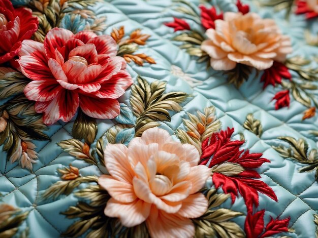 Polyester material with quilted flowers in closeup