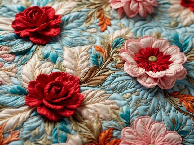 Polyester material with quilted flowers in closeup