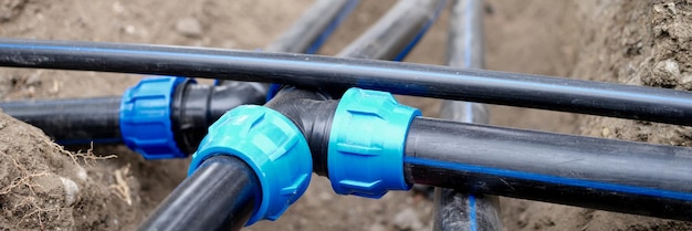 Photo polyethylene water pipes at construction site agricultural drip irrigation system closeup