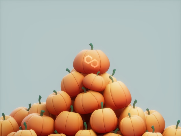 Photo polygon matic carved pumpkin stack pile crypto currency 3d illustration render bright lighting