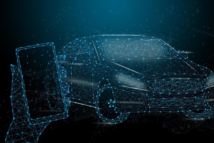 Polygonal 3d car leaving from the smartphone. GPS navigation, location app or travelling concept. Car, phone and navigator pin in dark blue background. Smart technology digital illustration.