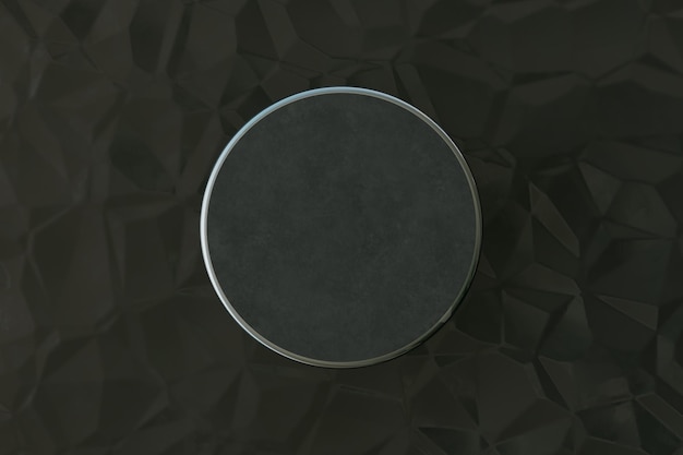 A polygonal background of black color on which a protruding black circle for a product or text