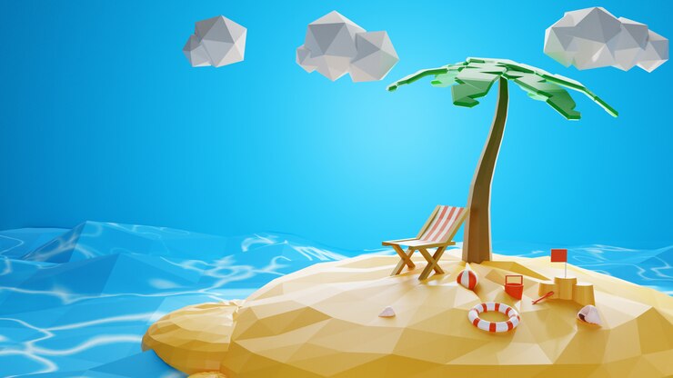 फोटो polygonal of blue sea with islands and beaches with sand. coconut tree and beach chairs