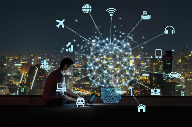 Photo polygonal brain shape of an artificial intelligence with various icon of smart city