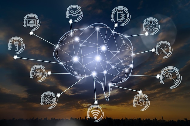 Polygonal brain shape of an artificial intelligence with various icon of smart city