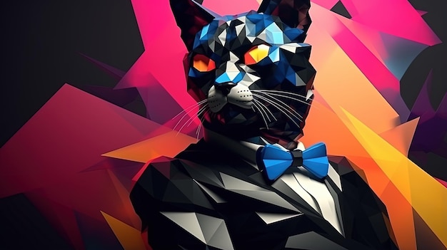 Photo polygonal cat in a bowtie with vibrant geometric background
