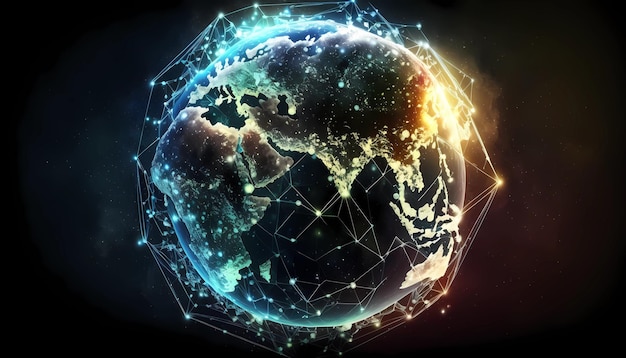 Polygonal earth planet with blockchain network futuristic design