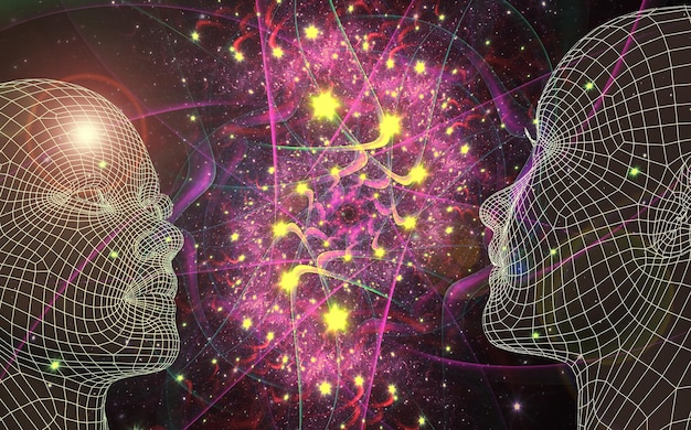 宇宙を背景にした男の多角形 宇宙を巡る神秘的な旅 瞑想の状態 超現実的な 3D 絵画 トランスパーソナル アート