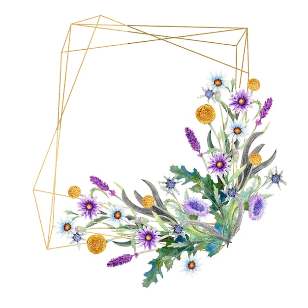 Polygonal frame with watercolor wildflowers