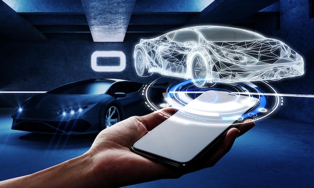 Foto smartphone poligonale con mano e ologramma dell'interfaccia dell'auto su sfondo scuro del garage futuro dell'ingegneria dei trasporti e concetto tecnologico esposizione multipla