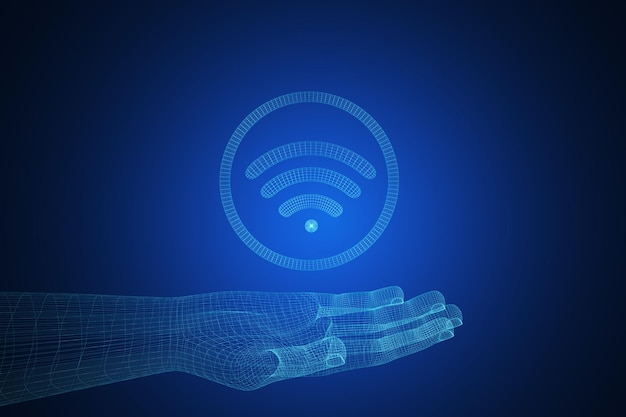 Polygonal hand holding wifi sign on blue background Internet and service concept 3D Rendering