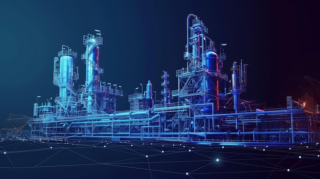 다각형 나프타 산업 지구 광산 광물 자원 추출 메쉬 아트 일러스트레이션 3D 석유 정제 공장 장비 연결된 점