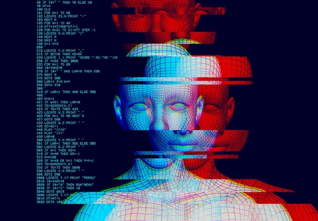 Polygonal portrait of a man with glitch effect cyberpunk style
conceptual image of artificial intelligencevirtual reality deep
learning and face recognition systems