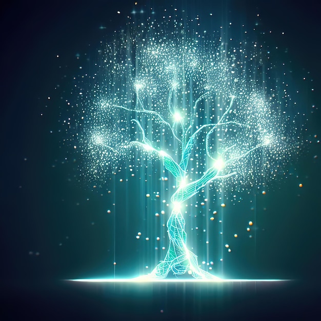 Polygonal tree on dark blue tech background triangles and particle style design