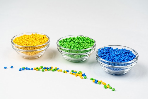 Polymer dye plastic pellets in bowls