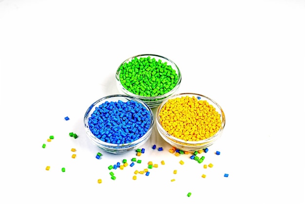 Polymer dye plastic pellets in bowls