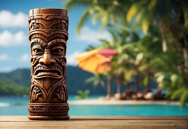 Полинезийская гавайская статуя с маской тики с фоновым текстом в пространстве для копирования