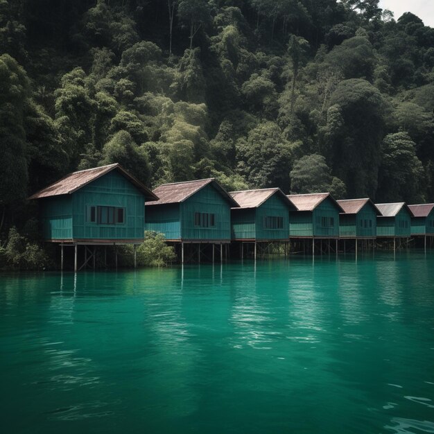 Polynesian wooden huts on stilts set in a tranquil bay of an island AI generated