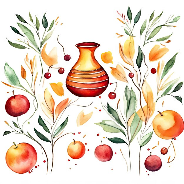 Pomegranate apple maple leaf and honey symbols of jewish new