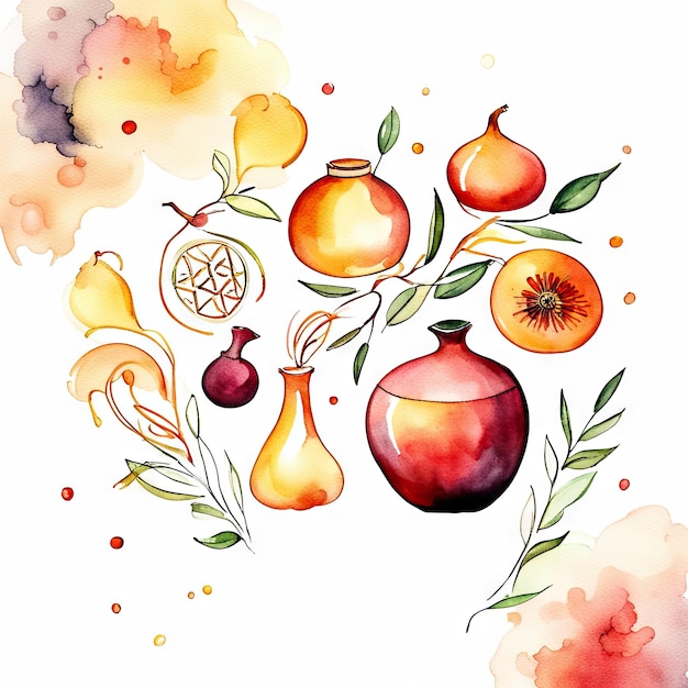 Pomegranate apple maple leaf and honey symbols of jewish new