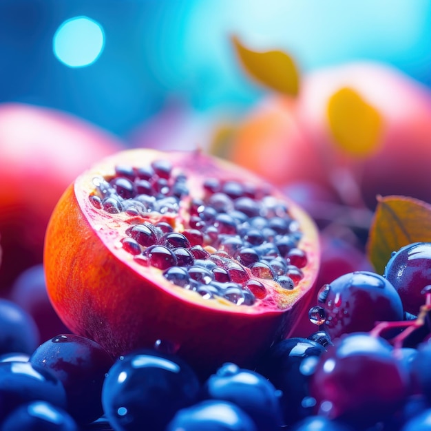 Pomegranate and blueberry fruit on the table ai