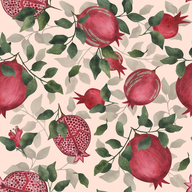 Photo pomegranate branches with leaves watercolor illustration seamless pattern