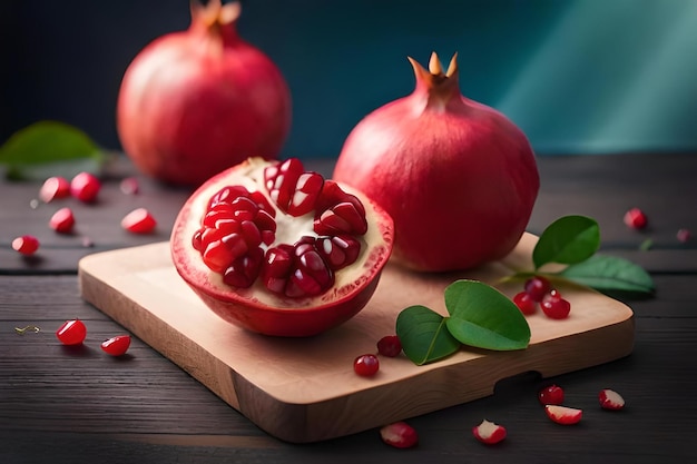 Pomegranate on a cutting board with leaves and seeds
