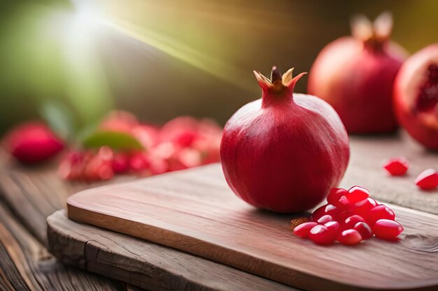 A pomegranate on a cutting board with red berries on the side