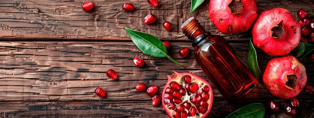 pomegranate essential oil in a bottle selective focus