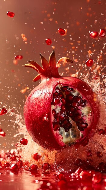 Pomegranate falling into water refreshing splash of fruit