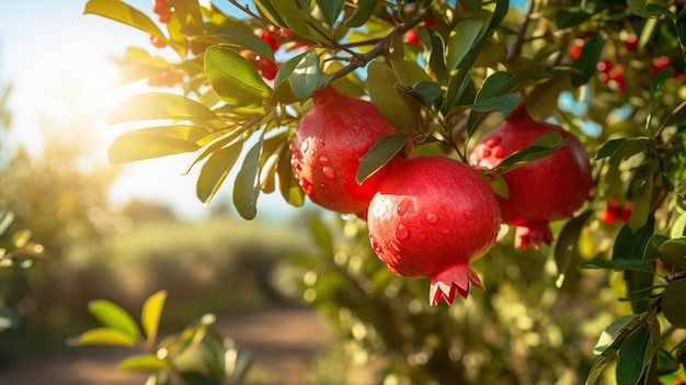 Pomegranate fruit on the tree with light flare glow