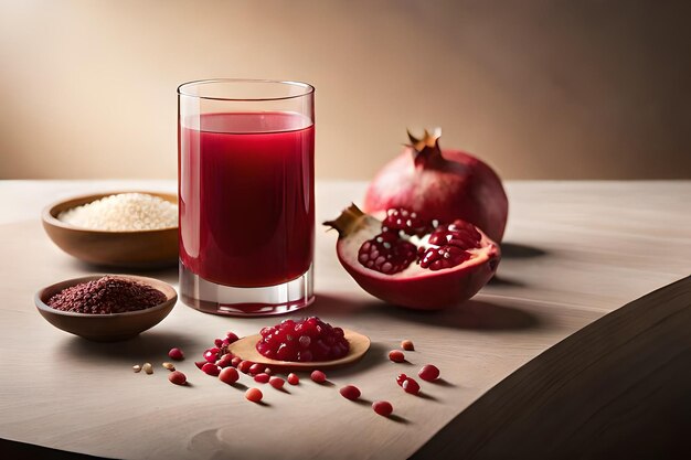 A pomegranate and a glass of red liquid with seeds and a pomegranate