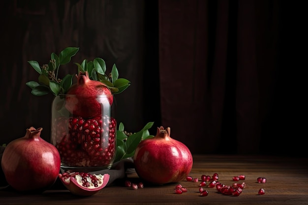 Photo pomegranate in a glass vase on wooden table created with generative ai