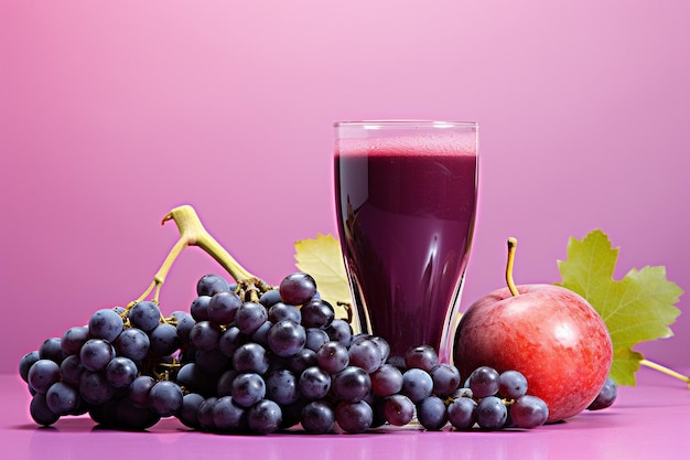 Pomegranate grapes plum and blackberries smoothies on purple background
