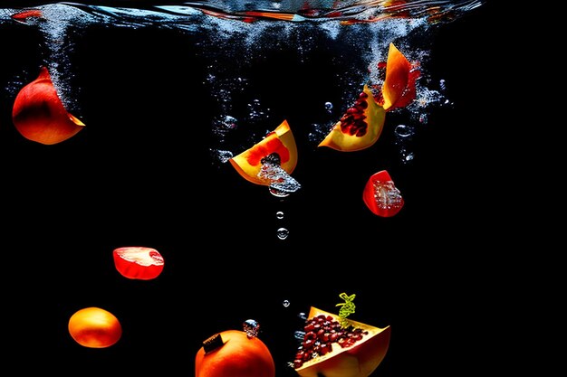 Foto una melograna sta cadendo nell'acqua melograna