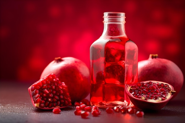 Pomegranate juice in a bottle and a half of pomegranates on a red background