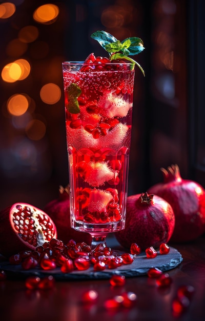 Pomegranate juice in glass and pomegranate on dark table