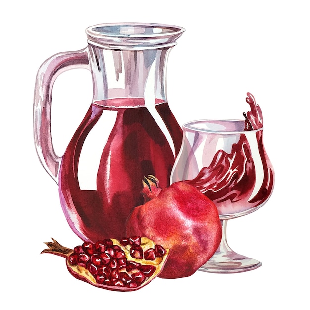 Pomegranate juice and pomegranate juice in decanter and glass Watercolor hand drawn illustration