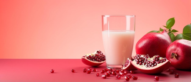 Pomegranate juice in a white dish with pomegranate seed with red background