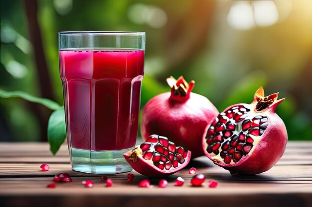 Pomegranate juice with fresh fruits on wooden table with a pomegranate plant background