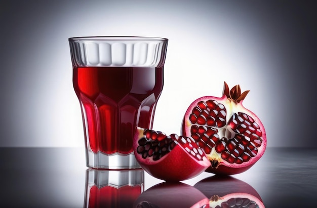 Photo pomegranate juice with fresh pomegranate fruits on wooden table