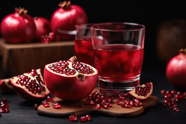 Pomegranate juice with fresh pomegranate fruits on wooden table