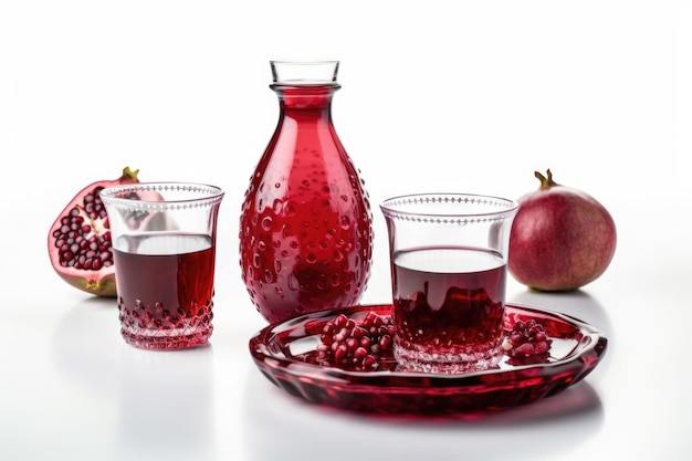 Photo pomegranate juice with pomegranate on white table