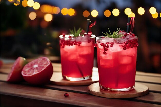 Pomegranate Margarita for Dinner on the Wooden Table with Outdoor Setup Background